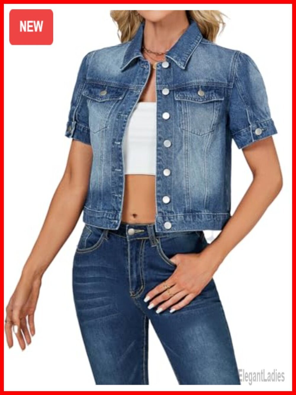 Cropped Puff Short Sleeve Denim Jacket Trucker Coat for Women